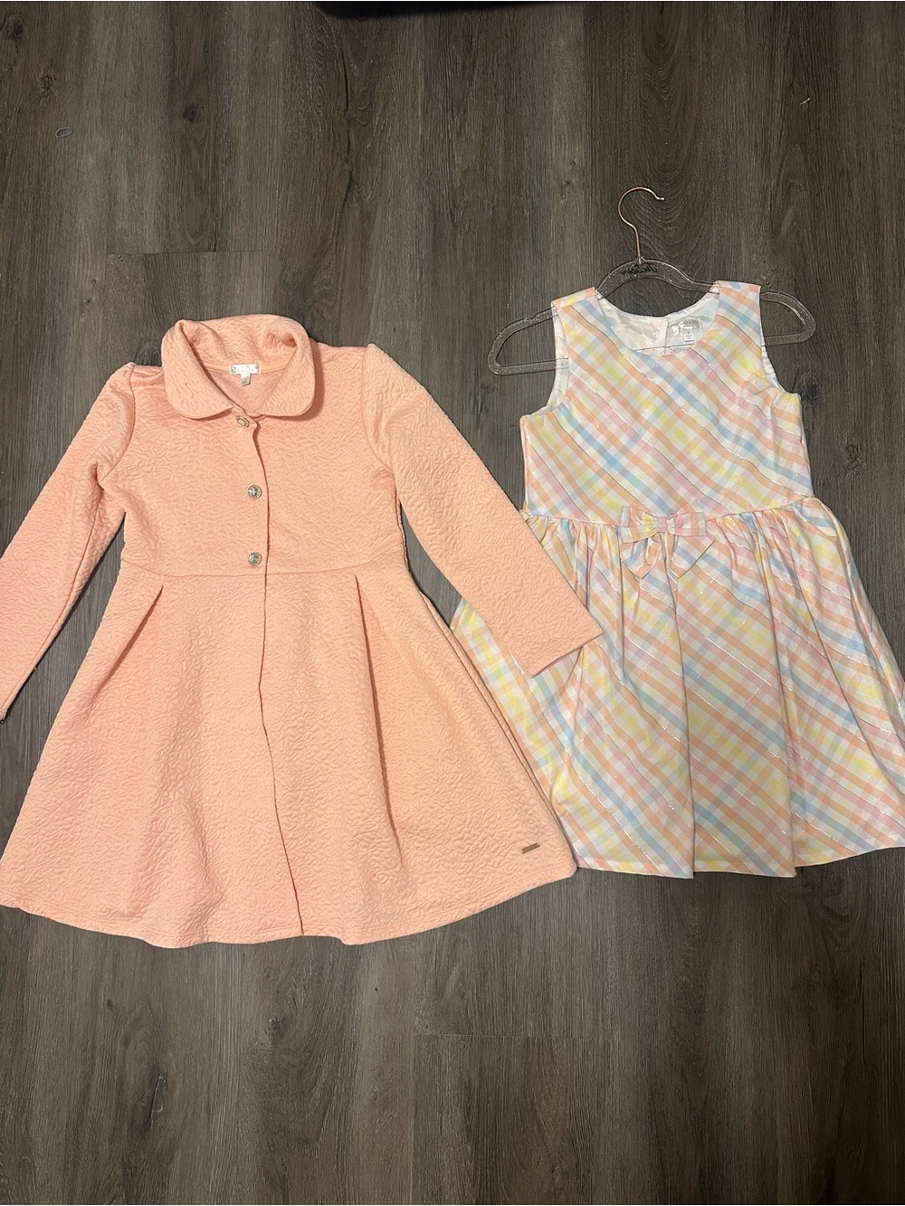 Girls Peach Textured Coat & Pastel Plaid Dress Set size 6
